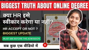 Student pointing towards online degree certificate with text about HR acceptance, online degree validity and biggest truth before admission
