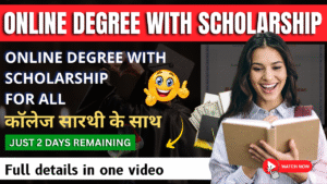 Student reading a book with scholarship offers, online degree announcement, and College Sarathi banner promoting online degree with scholarship
