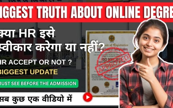 Student pointing towards online degree certificate with text about HR acceptance, online degree validity and biggest truth before admission
